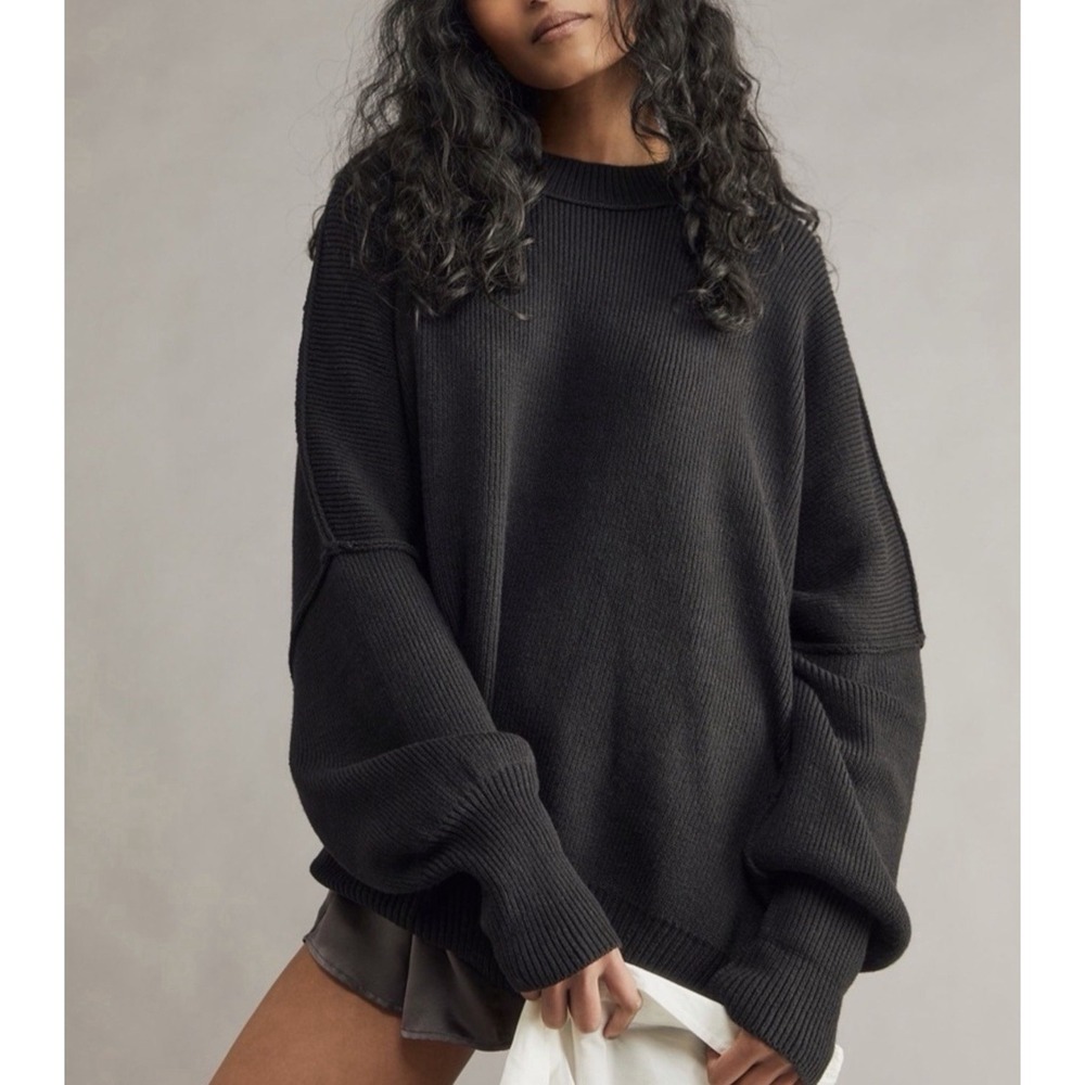 Free People Easy Street Tunic Sweater Black Oversized Ribbed Knit Chunky Sz M